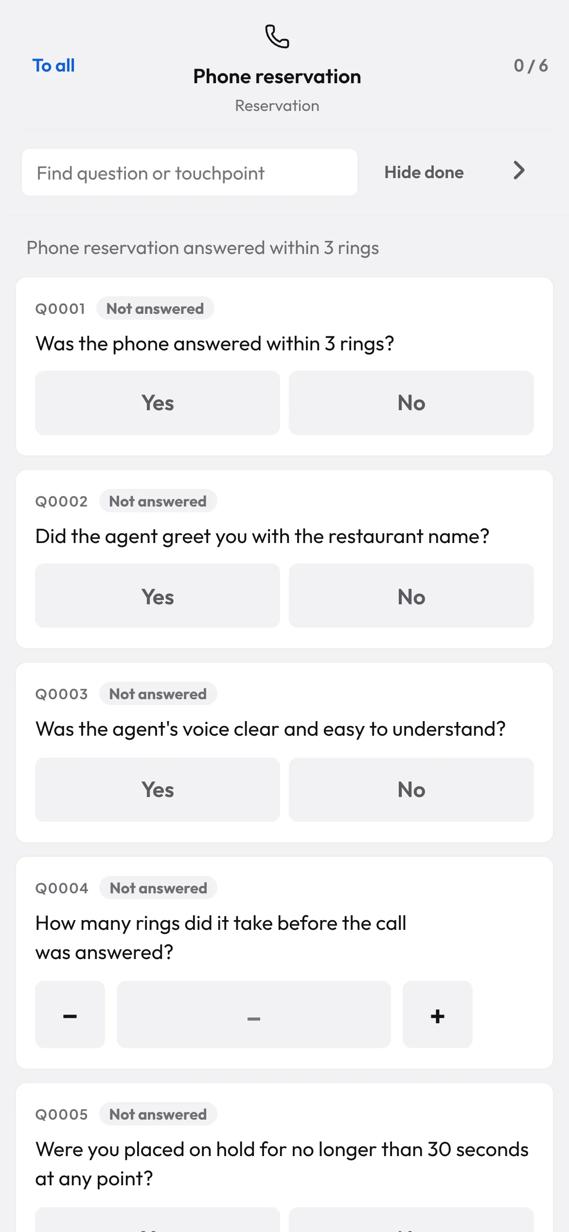 Auditor app on a phone: the questions for the phone reservation touchpoint